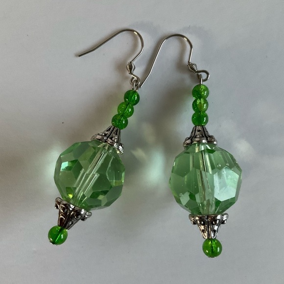 Hand Crafted Necklace Wrap Bracelet Drop Earrings Set Lime Green Double Strands - Picture 4 of 9